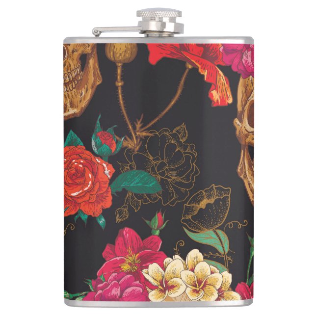Skull Flowers: Seamless Dark Background. Flask (Front)
