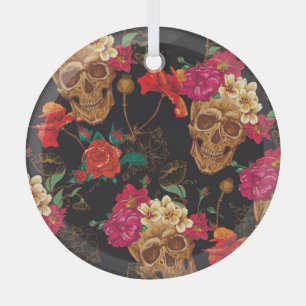 Skull Flowers: Seamless Dark Background. Glass Ornament