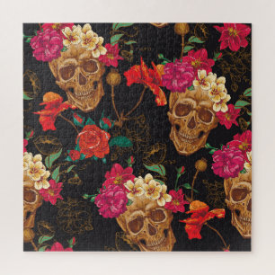 Skull Flowers: Seamless Dark Background. Jigsaw Puzzle
