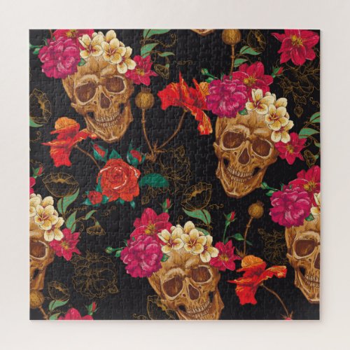 Skull Flowers Seamless Dark Background Jigsaw Puzzle