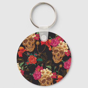 Skull Flowers: Seamless Dark Background. Keychain