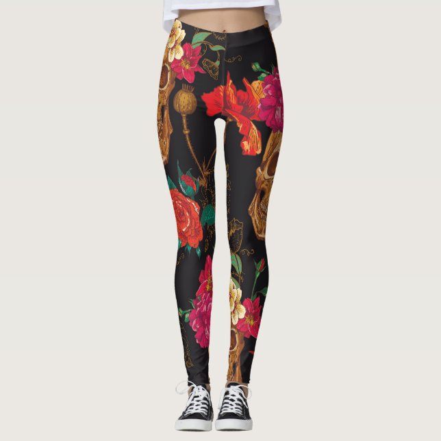 Skull Flowers: Seamless Dark Background. Leggings (Front)
