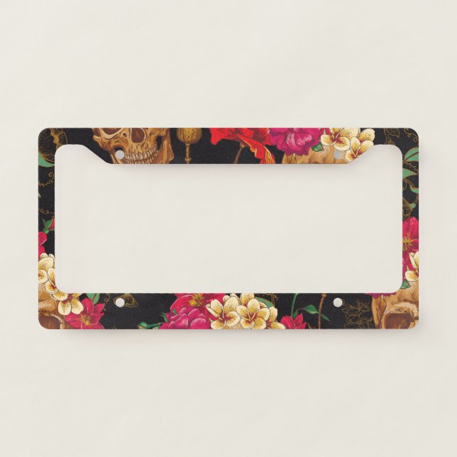 Skull Flowers: Seamless Dark Background. License Plate Frame (Front)