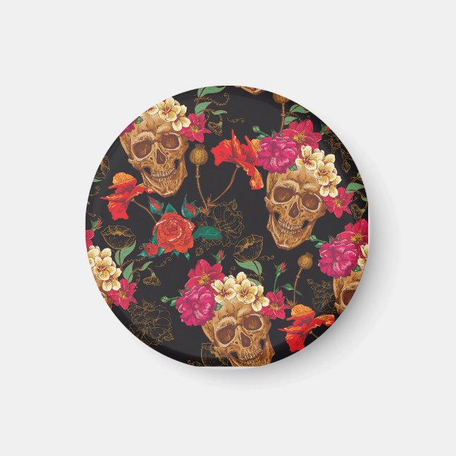 Skull Flowers: Seamless Dark Background. Magnet (Front)