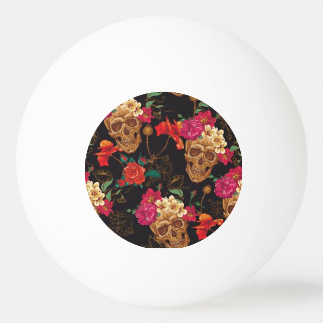 Skull Flowers: Seamless Dark Background. Ping Pong Ball (Front)