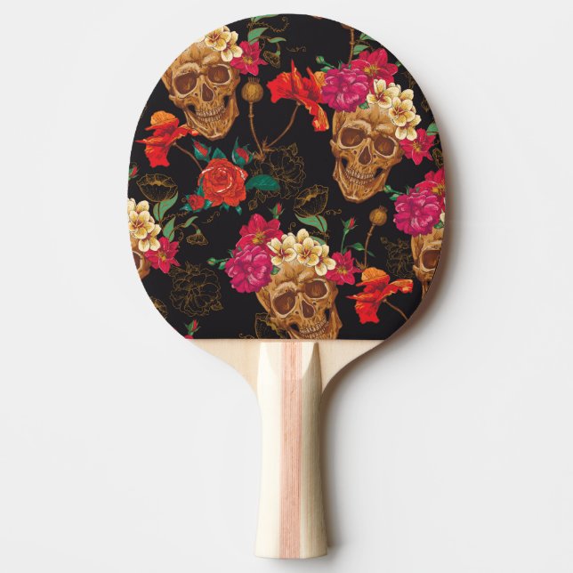 Skull Flowers: Seamless Dark Background. Ping Pong Paddle (Front)