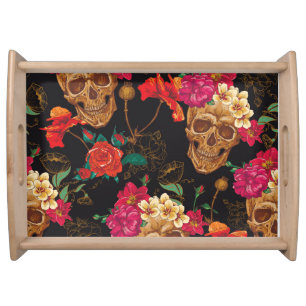 Skull Flowers: Seamless Dark Background. Serving Tray