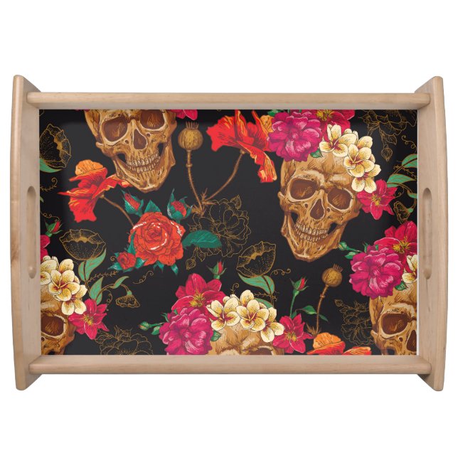 Skull Flowers: Seamless Dark Background. Serving Tray (Front)