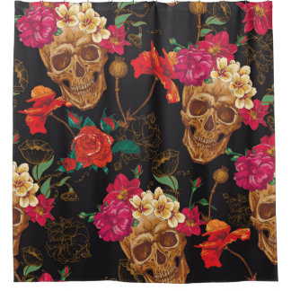 Skull Flowers: Seamless Dark Background. Shower Curtain