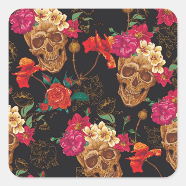 Skull Flowers: Seamless Dark Background. Square Sticker (Front)
