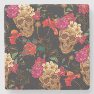 Skull Flowers: Seamless Dark Background. Stone Coaster