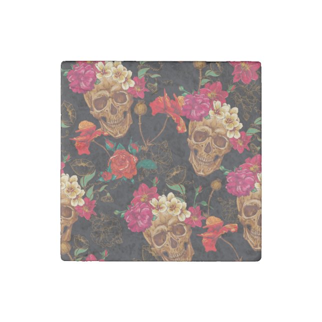 Skull Flowers: Seamless Dark Background. Stone Magnet (Front)
