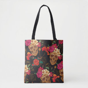 Skull Flowers: Seamless Dark Background. Tote Bag
