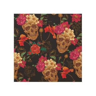 Skull Flowers: Seamless Dark Background. Wood Wall Art