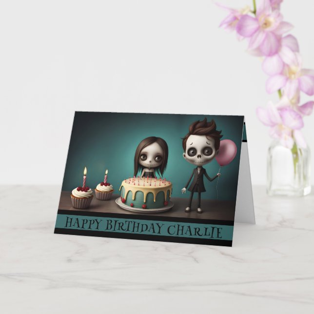 skull friends birthday card cake balloons cupcakes (Orchid)