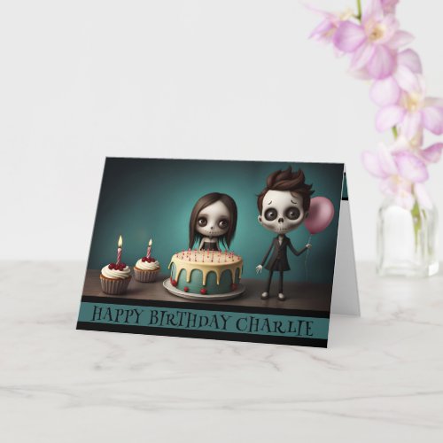 skull friends birthday card cake balloons cupcakes