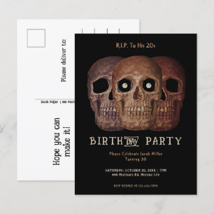 Skull Funny Brown Gothic Birthday RIP To His 20s Invitation Postcard