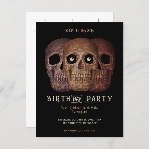 Skull Funny Brown Gothic Birthday RIP To His 20s Invitation Postcard