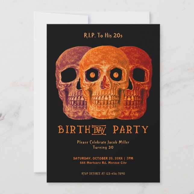 Skull Funny Orange Gothic Birthday RIP To His 20s Invitation (Front)