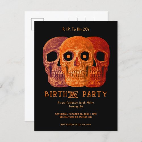Skull Funny Orange Gothic Birthday RIP To His 20s Invitation Postcard