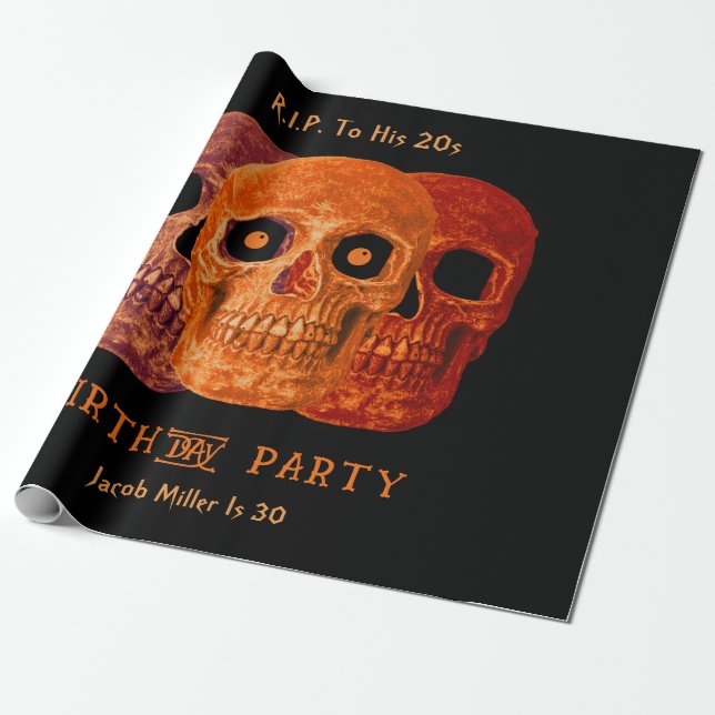 Skull Funny Orange Gothic Birthday RIP To His 20s Wrapping Paper (Unrolled)
