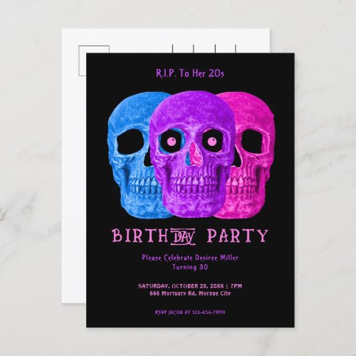 Skull Funny Purple Gothic Birthday RIP To Her 20s Invitation Postcard