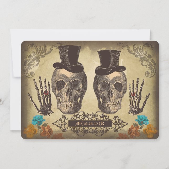 Skull gay couple Victorian Gothic Wedding Invite (Front)