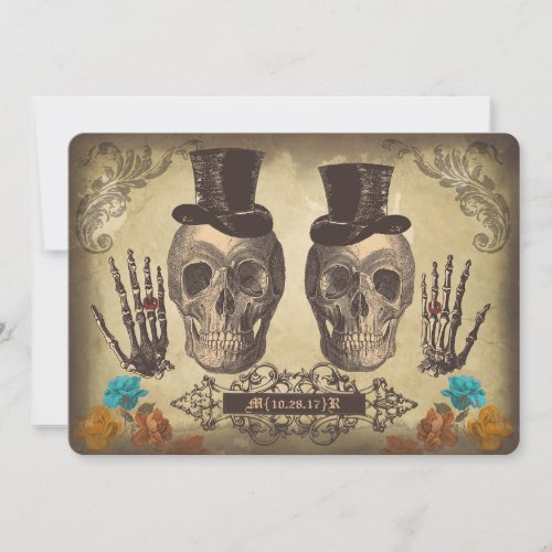 Skull gay couple Victorian Gothic Wedding Invite