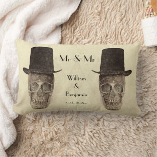 Skull Gay Mr And Mr Vintage Retro Sepia Wedding Lumbar Pillow