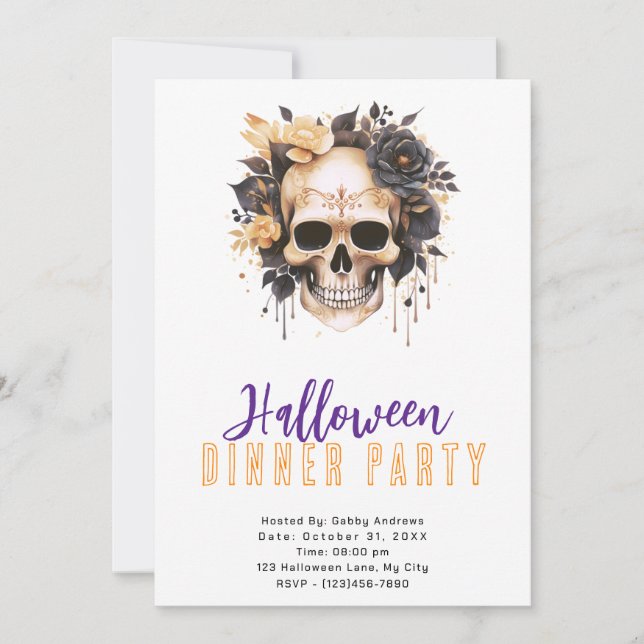 Skull Gold and Black Roses Halloween Dinner Party Invitation (Front)
