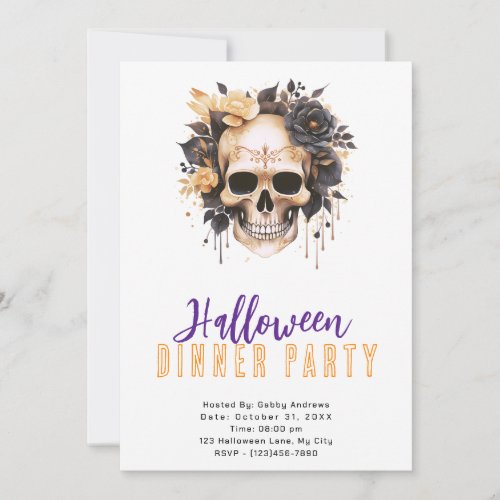 Skull Gold and Black Roses Halloween Dinner Party Invitation