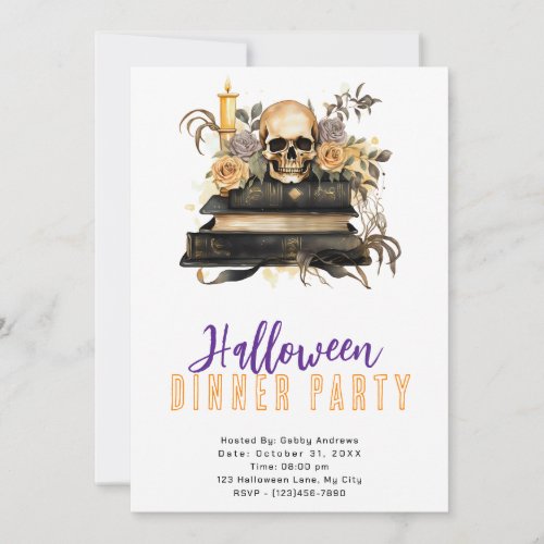 Skull Gold and Gray Roses Halloween Dinner Party Invitation