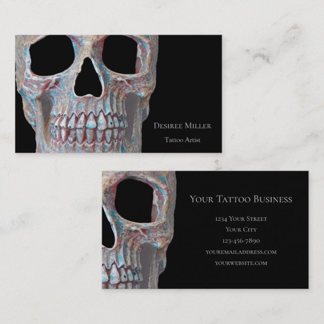 Skull Gothic Cool Gray Blue Black Tattoo Shop Business Card (Front/Back)