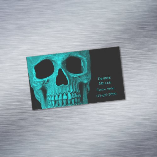 Skull Gothic Dark Teal Black Macabre Tattoo Shop Business Card Magnet