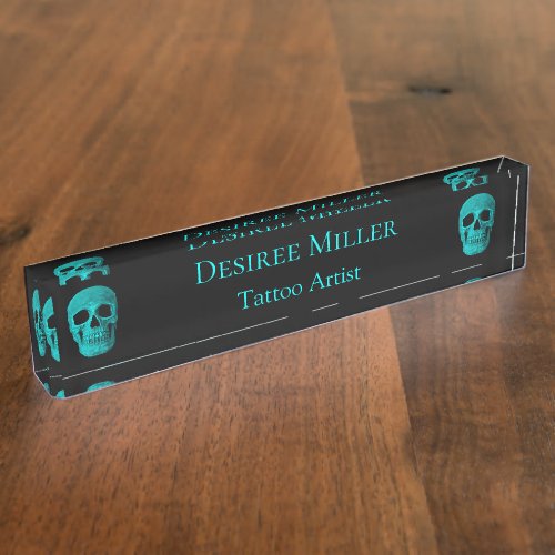 Skull Gothic Dark Teal Black Macabre Tattoo Shop Desk Name Plate