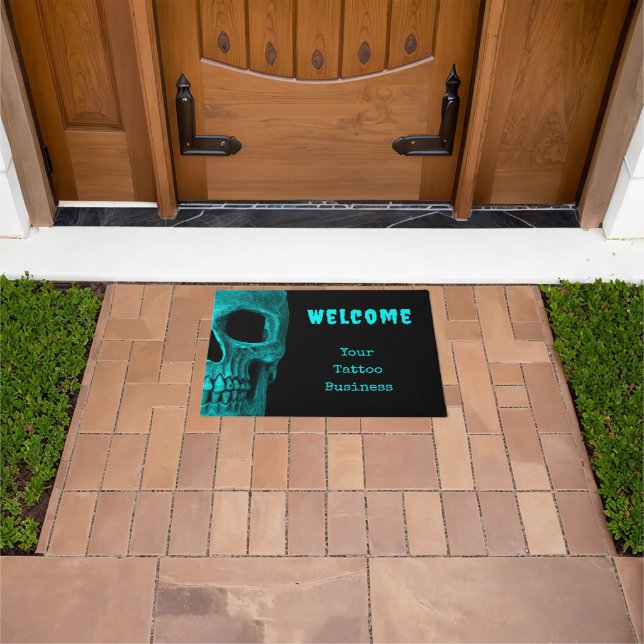 Skull Gothic Dark Teal Black Macabre Tattoo Shop Doormat (Outdoor)