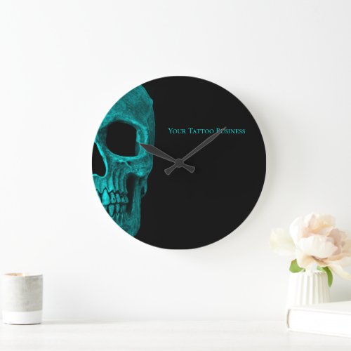 Skull Gothic Dark Teal Black Macabre Tattoo Shop Large Clock