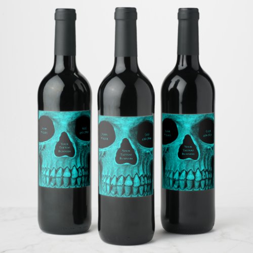 Skull Gothic Dark Teal Black Macabre Tattoo Shop Wine Label