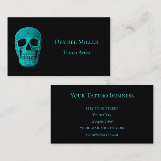 Skull Gothic Dark Teal Black Tattoo Shop Business Card (Front/Back)