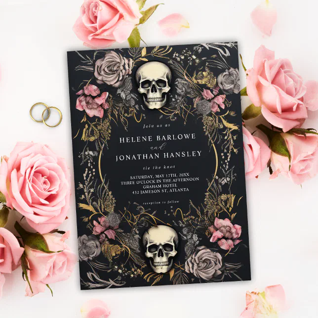 Skull Gothic Floral Dark Wedding Invitation | Zazzle