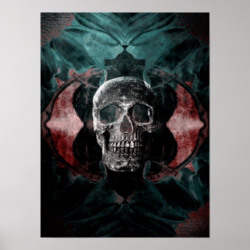 Skull Gothic Floral Teal Black Red Grunge Texture Poster