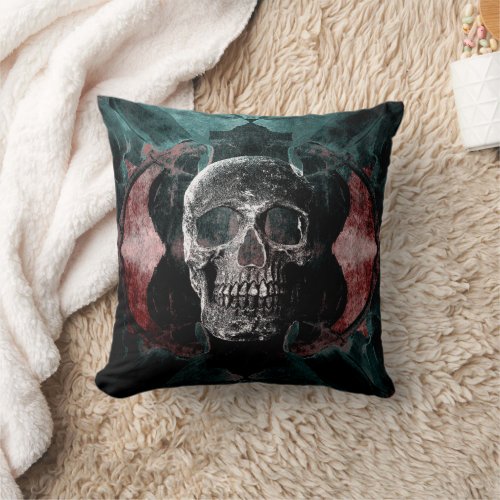 Skull Gothic Floral Teal Black Red Grunge Texture Throw Pillow