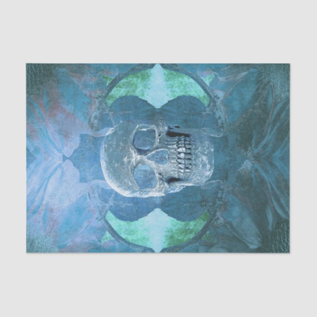 Skull Gothic Floral Teal Blue Grunge Texture Tissue Paper (Front)