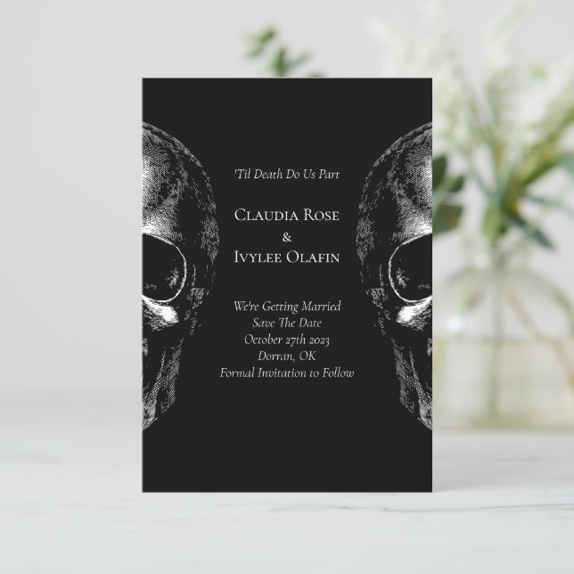 Skull Gothic Halloween Wedding Save the Date Cards (Standing Front)