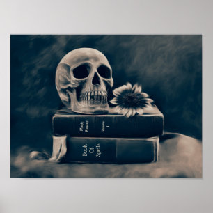Skull Gothic Vintage Old Books Cyanotype Sunflower Poster