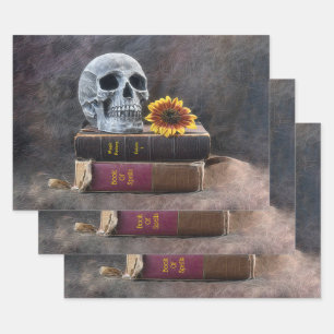 Skull Gothic Vintage Old Books Yellow Sunflower Wrapping Paper Sheets