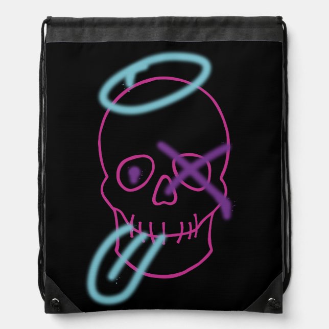 Skull graffiti - Pink, Purple, Blue and Black Drawstring Bag (Front)