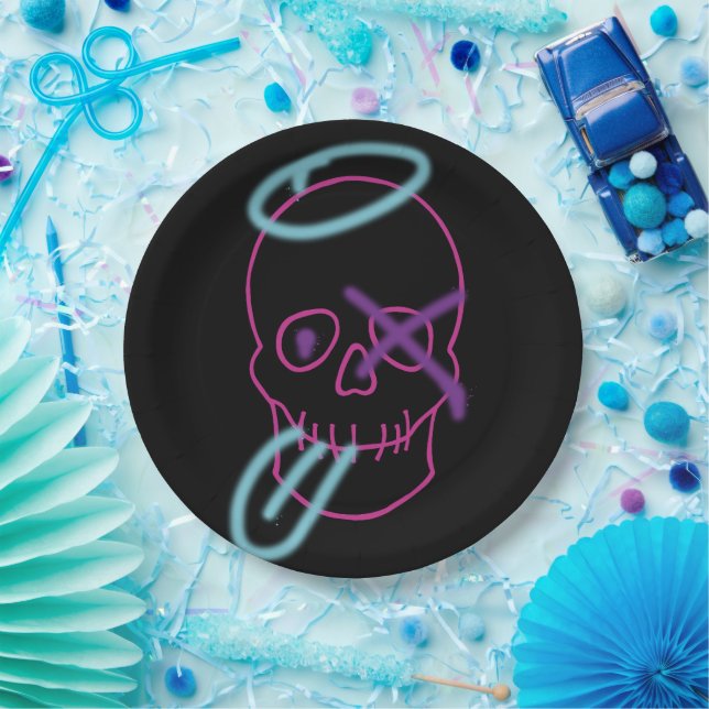 Skull graffiti - Pink, Purple, Blue and Black Paper Plates (Party)
