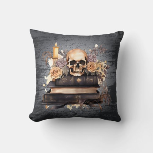Skull Gray and Gold Roses Black Halloween Throw Pillow