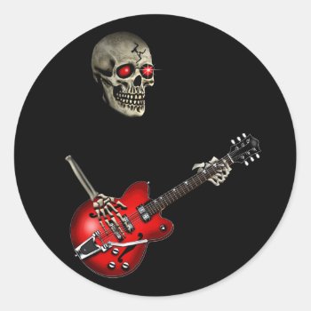 Skull Guitar Player Classic Round Sticker by oldrockerdude at Zazzle